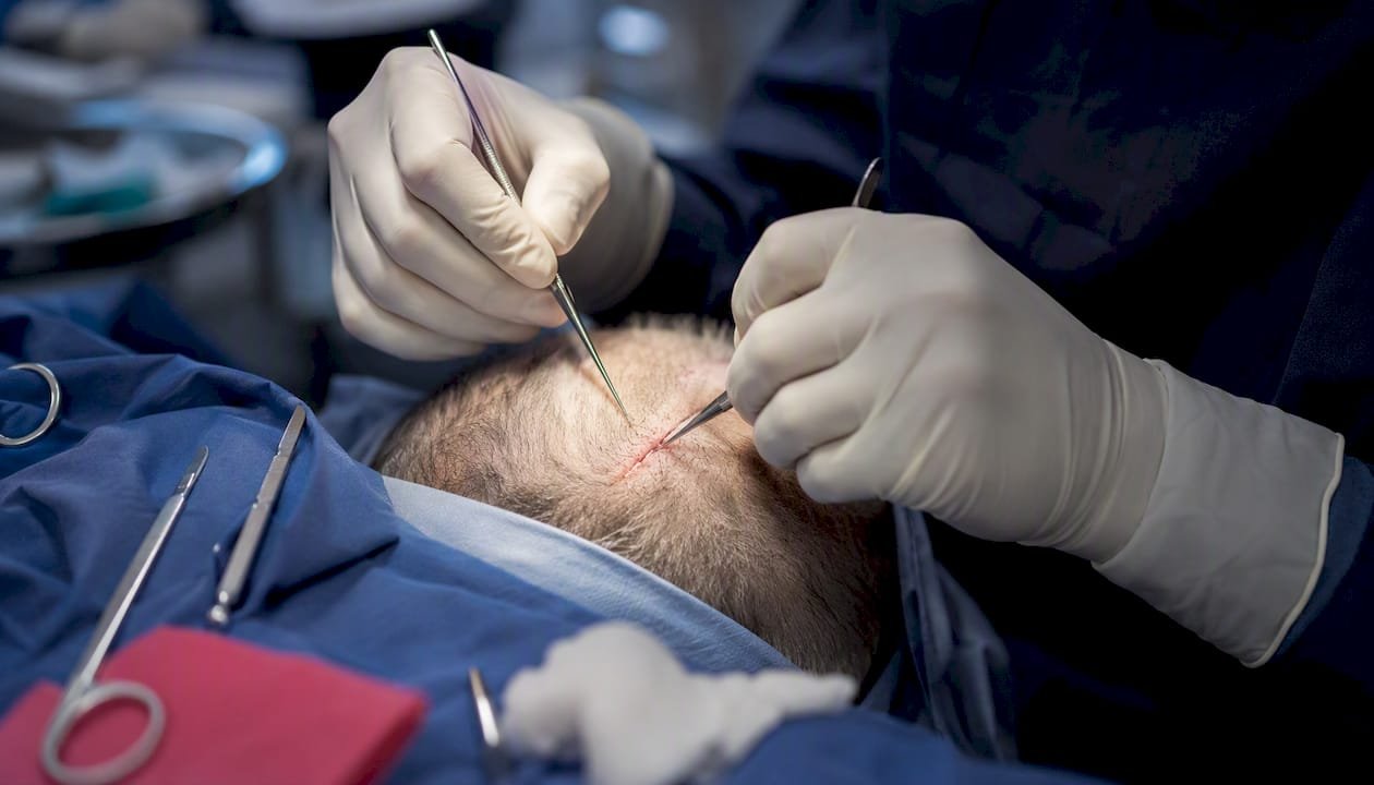 Surgeon's hands repairing FUT scalp scar