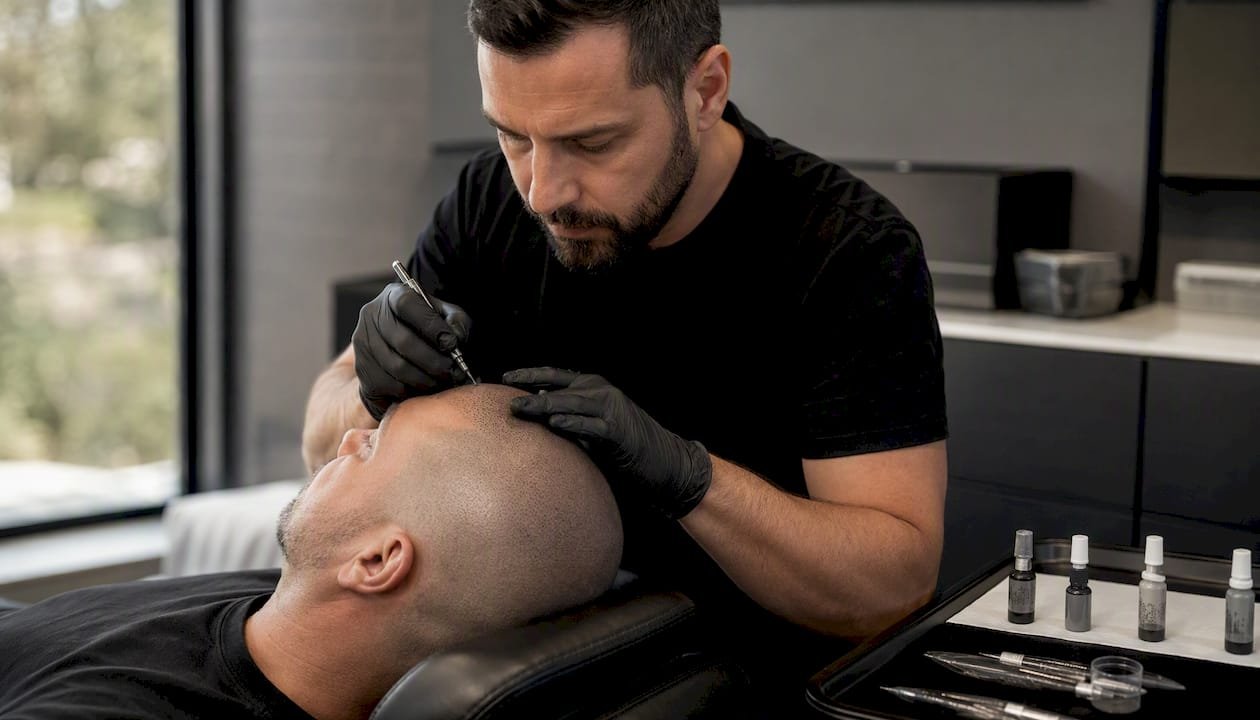 Close-up of scalp micropigmentation being applied