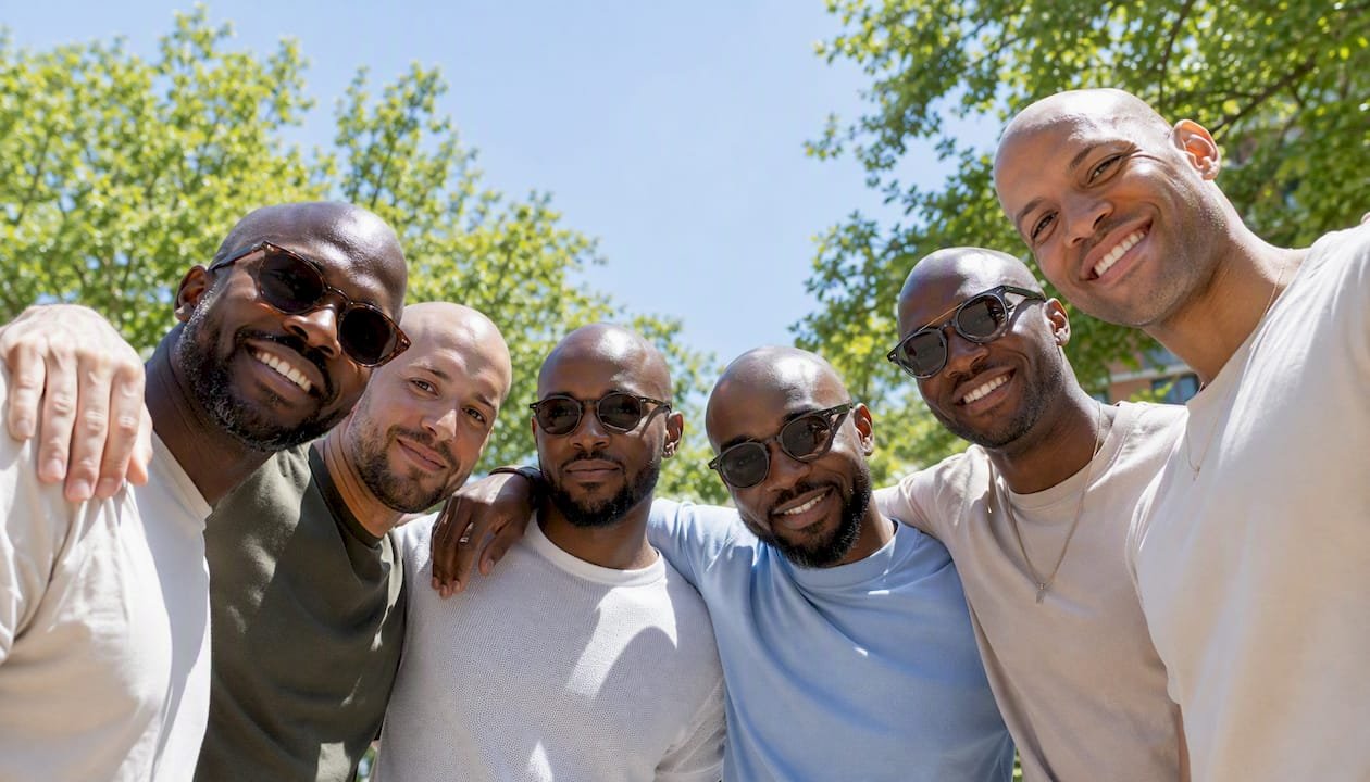 Men with alopecia showing natural SMP results outdoors