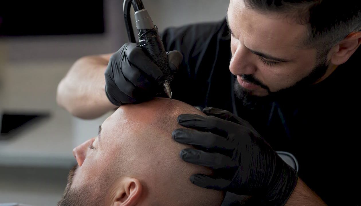 Technician applying scalp micropigmentation close-up