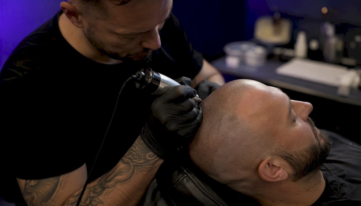 Technician applying SMP pigment to shaved scalp