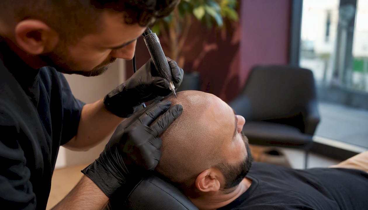 Technician performing scalp micropigmentation correction