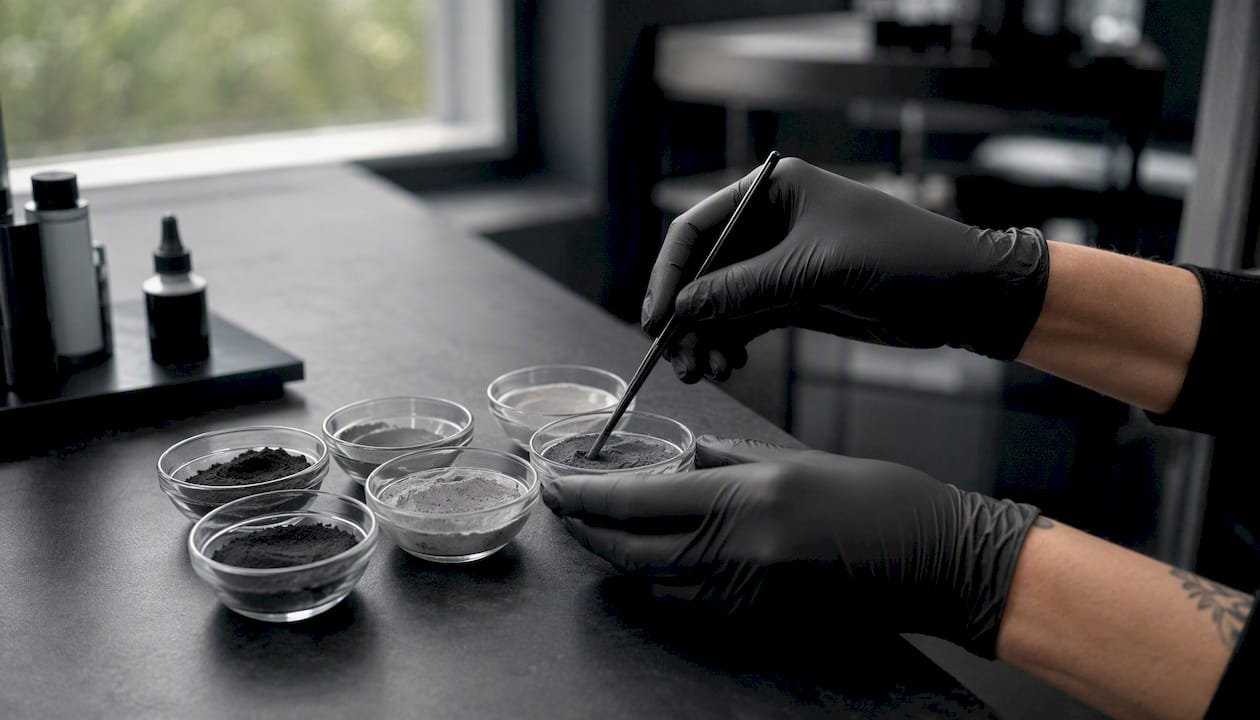 Hands mixing grayscale pigments for SMP