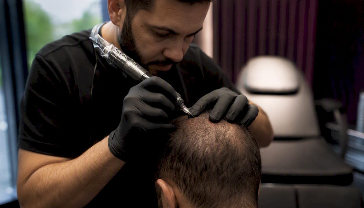 Technician applying scalp micropigmentation dots
