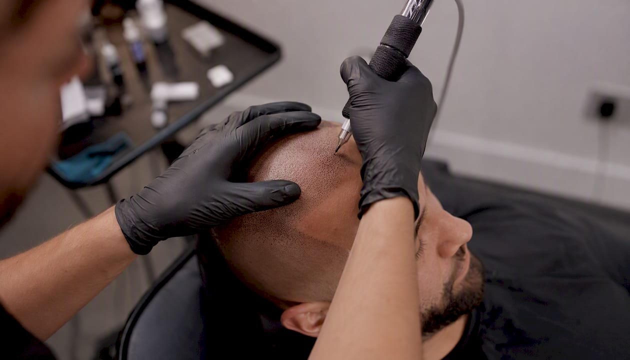 Technician applying realistic SMP pigment dots on scalp