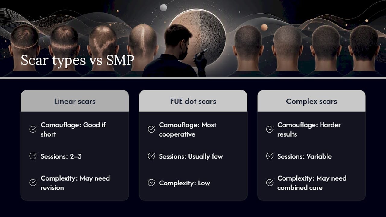 Comparison chart of scar types and SMP camouflage outcomes