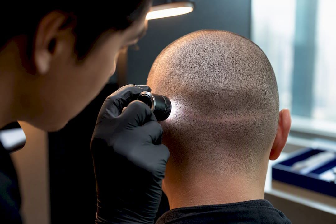 Clinician examining a healed FUT scalp scar