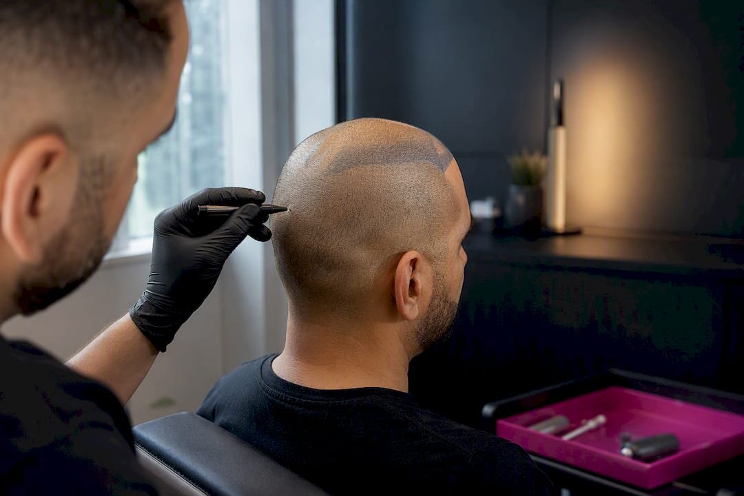 Uneven blue-toned SMP hairline under assessment