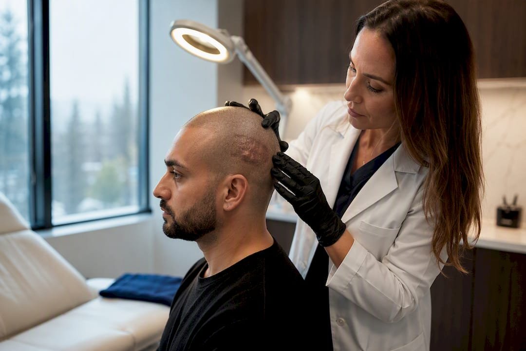 Clinician assessing a raised scalp keloid