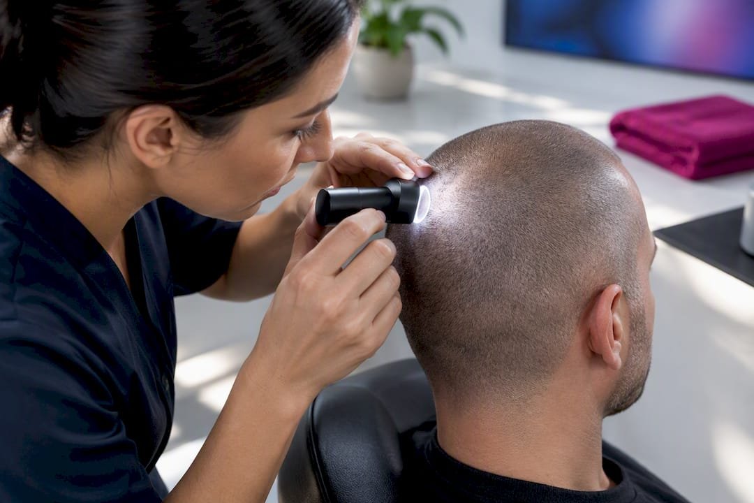 Practitioner checking a small scalp test patch