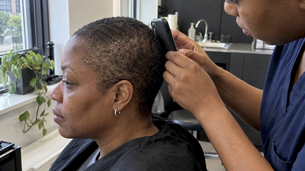 Technician photographing scalp in daylight