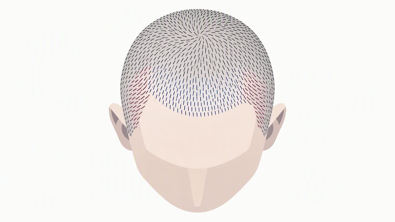 Illustration of uneven temple points and hair direction