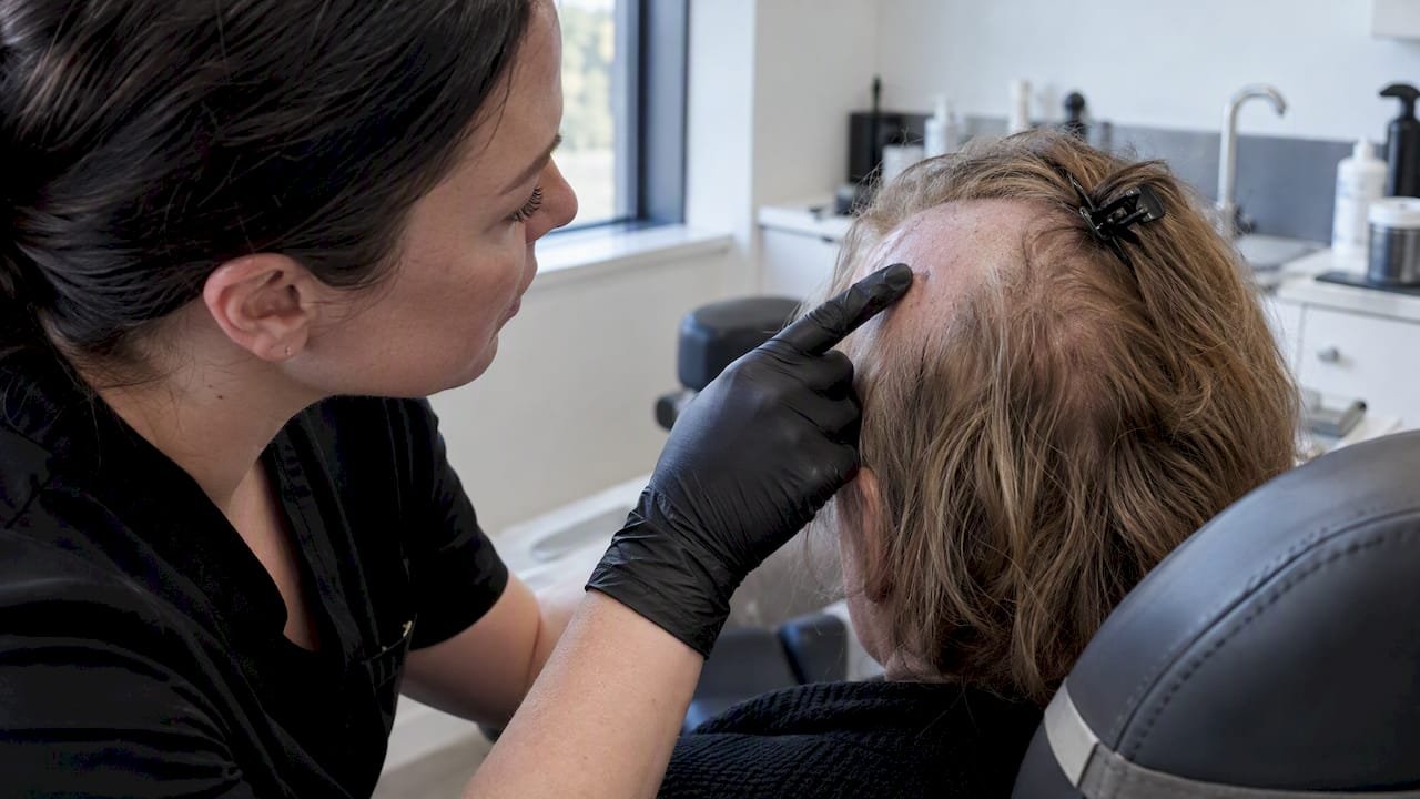 Practitioner reviewing a healed SMP test spot