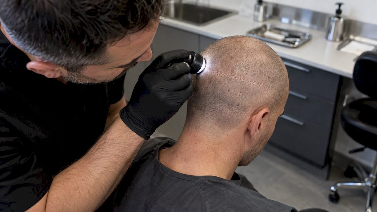 Practitioner inspecting healed scar test spot