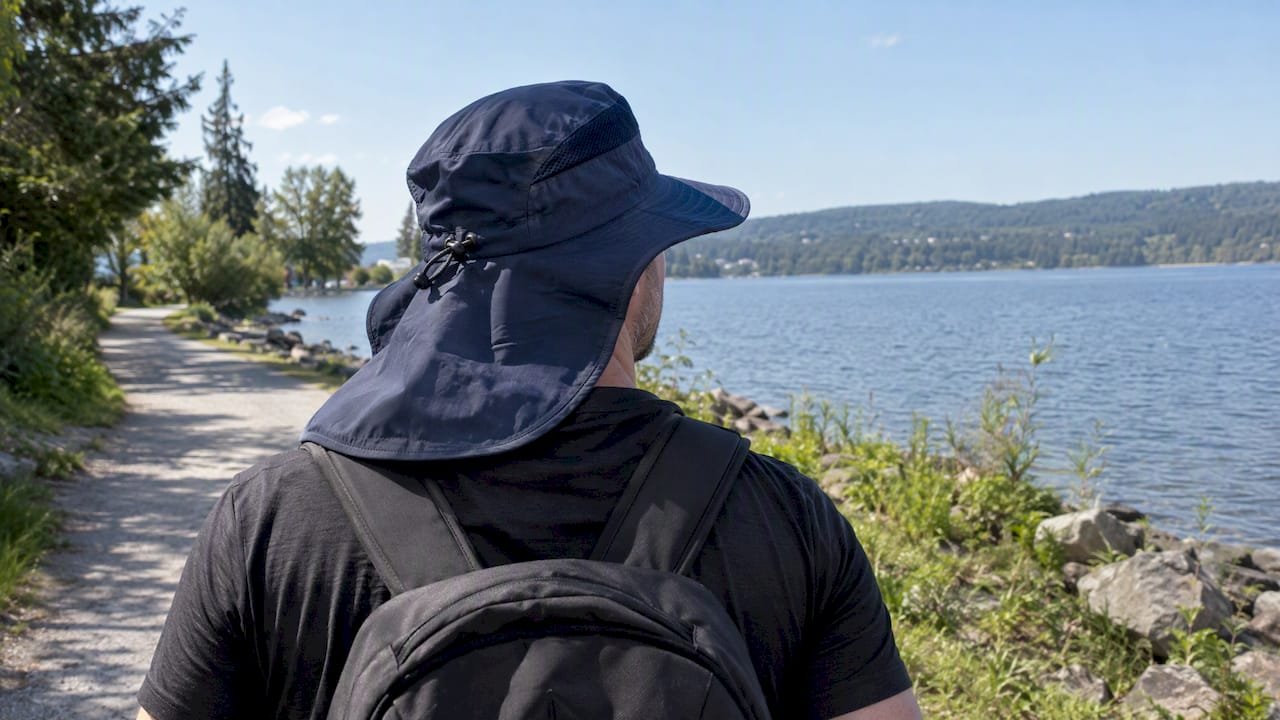 Wide-brimmed hat with neck flap outdoors